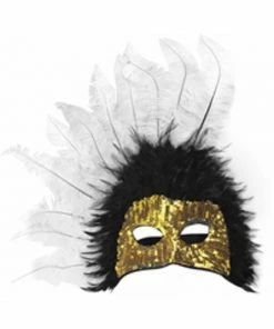 Top Trims Adult Black & White Feather Gold Sequin Half Mask