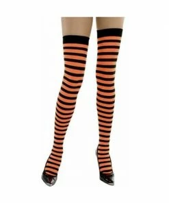 Charades Adult Orange & Black Striped Thigh High Stockings Costume Leggings