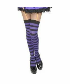 Charades Adult Purple & Black Striped Thigh High Stockings Costume Leggings
